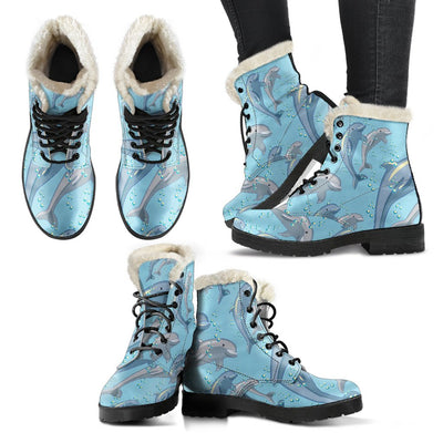 Dolphin Print Pattern Faux Fur Leather Boots