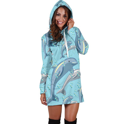 Dolphin Print Pattern Women Hoodie Dress