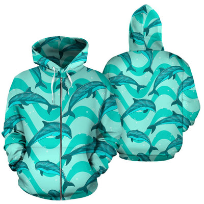 Dolphin Wave Print All Over Zip Up Hoodie