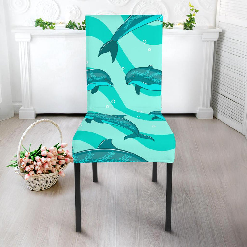 Dolphin Wave Print Dining Chair Slipcover-JORJUNE.COM