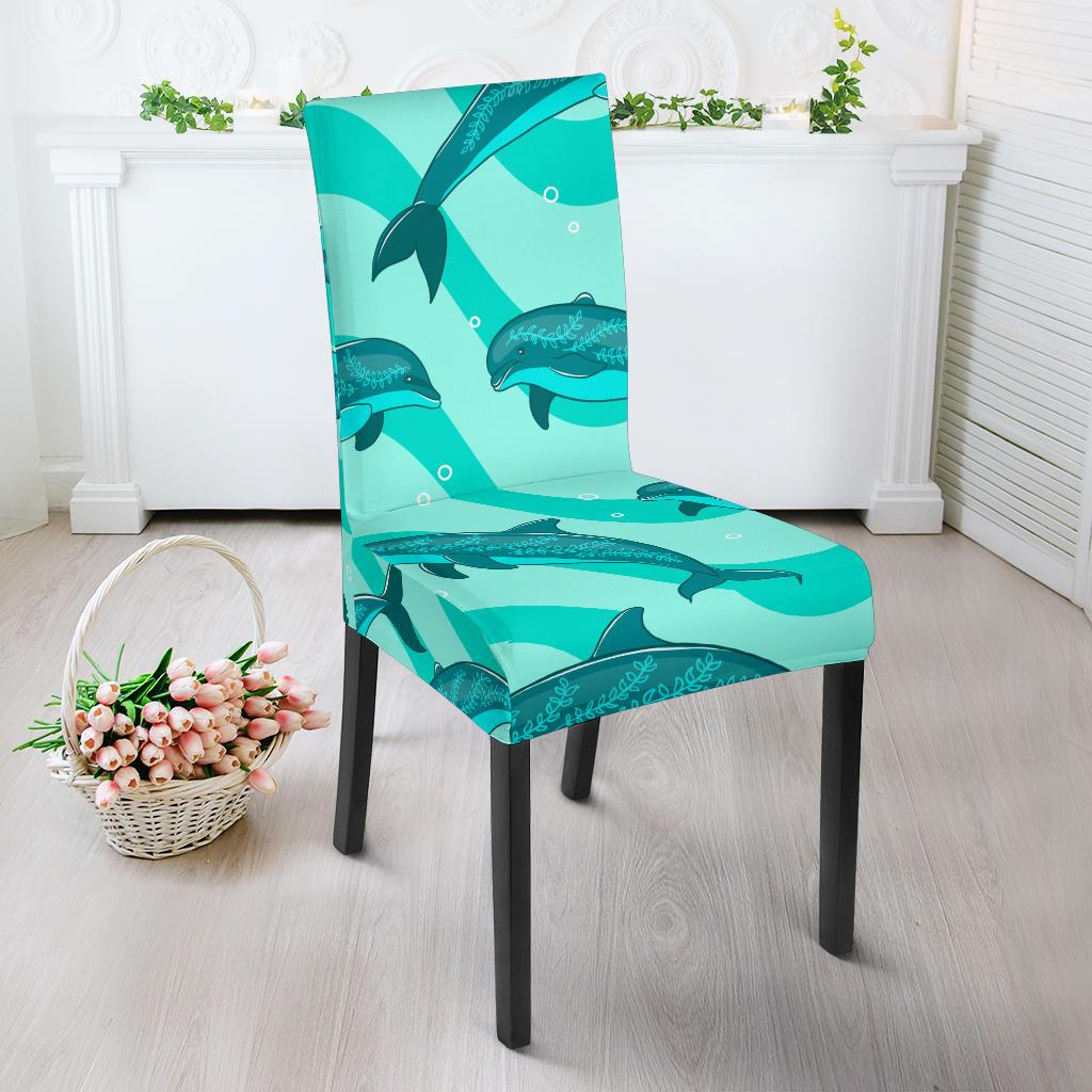 Dolphin Wave Print Dining Chair Slipcover-JORJUNE.COM