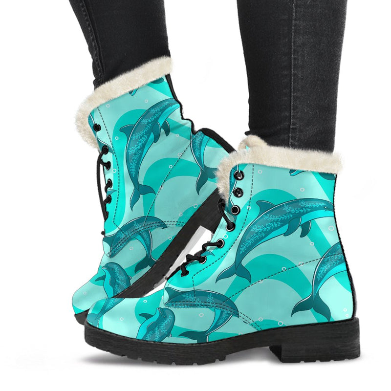 Dolphin Wave Print Faux Fur Leather Boots