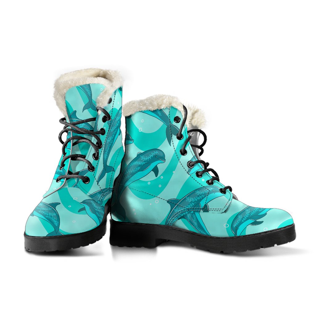 Dolphin Wave Print Faux Fur Leather Boots