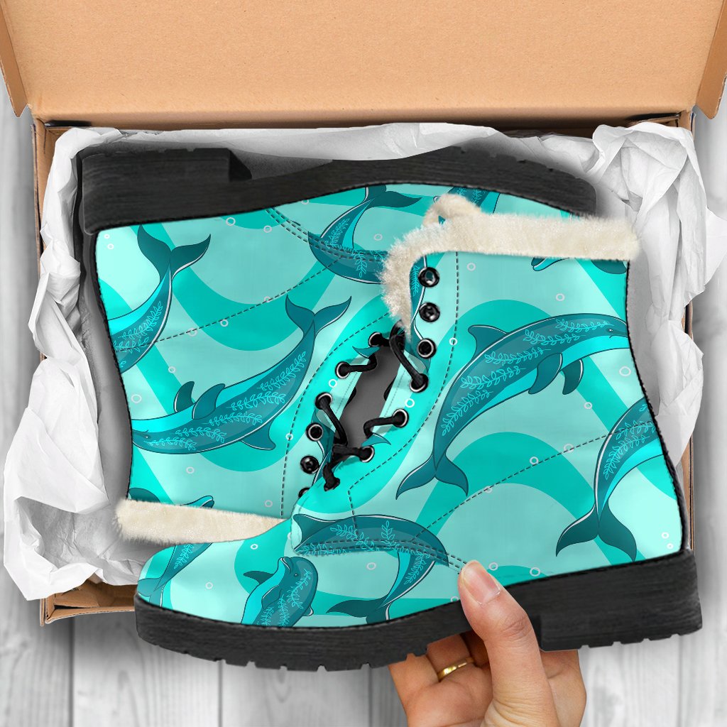 Dolphin Wave Print Faux Fur Leather Boots