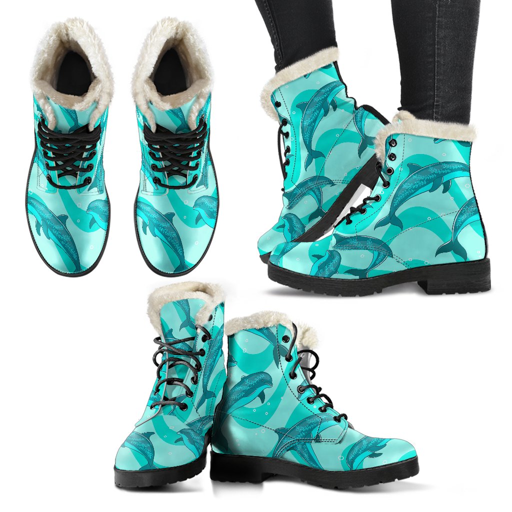 Dolphin Wave Print Faux Fur Leather Boots