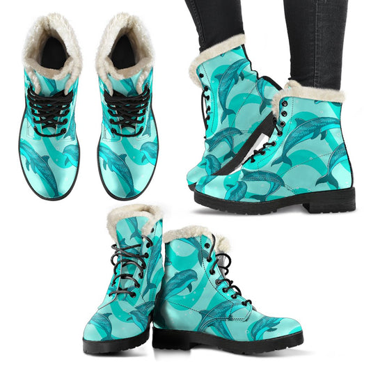 Dolphin Wave Print Faux Fur Leather Boots