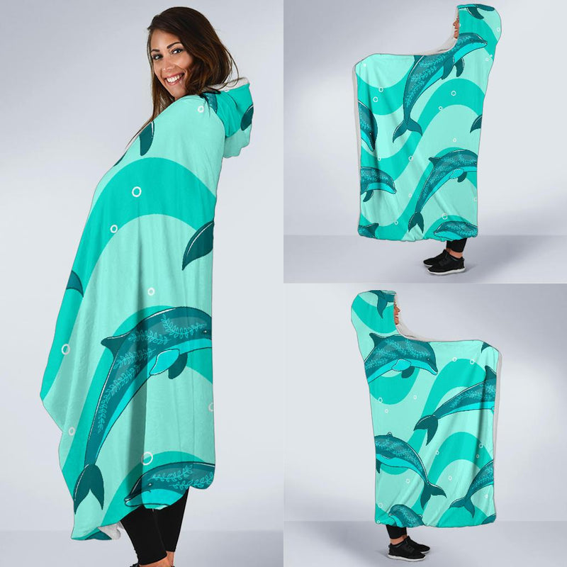 Dolphin Wave Print Hooded Blanket-JORJUNE.COM