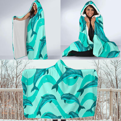 Dolphin Wave Print Hooded Blanket-JORJUNE.COM