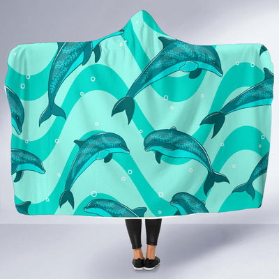 Dolphin Wave Print Hooded Blanket-JORJUNE.COM