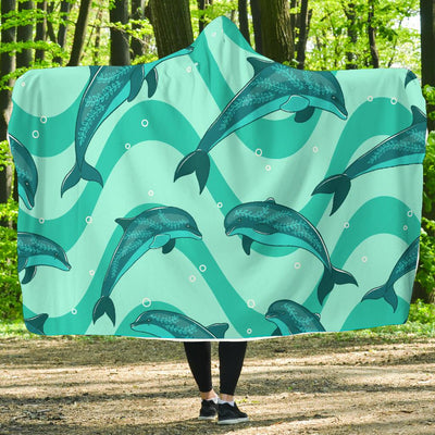 Dolphin Wave Print Hooded Blanket-JORJUNE.COM