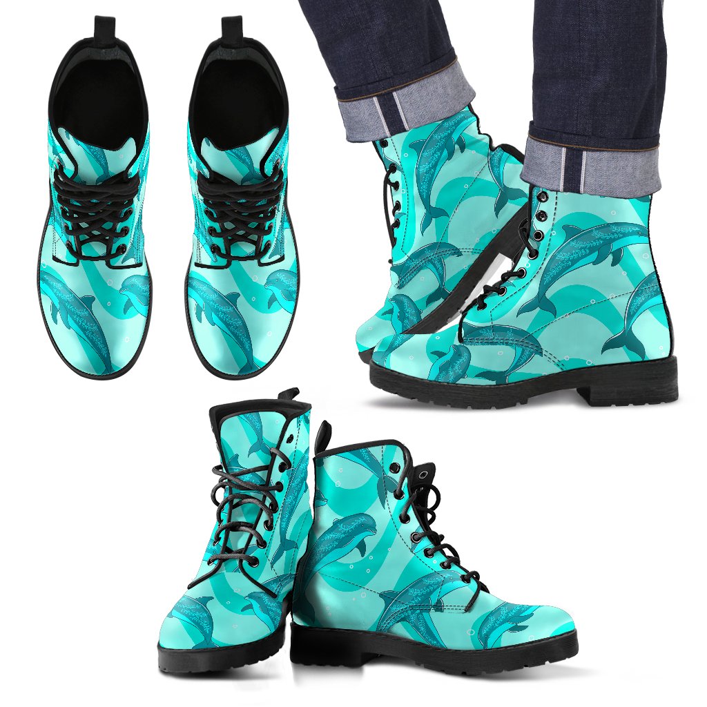 Dolphin Wave Print Men Leather Boots