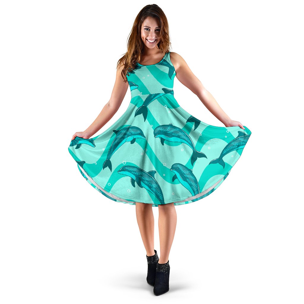 Dolphin Wave Print Sleeveless Mini Dress