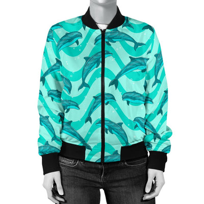 Dolphin Wave Print Women Casual Bomber Jacket