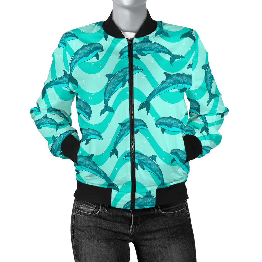 Dolphin Wave Print Women Casual Bomber Jacket