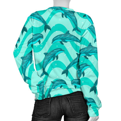 Dolphin Wave Print Women Crewneck Sweatshirt