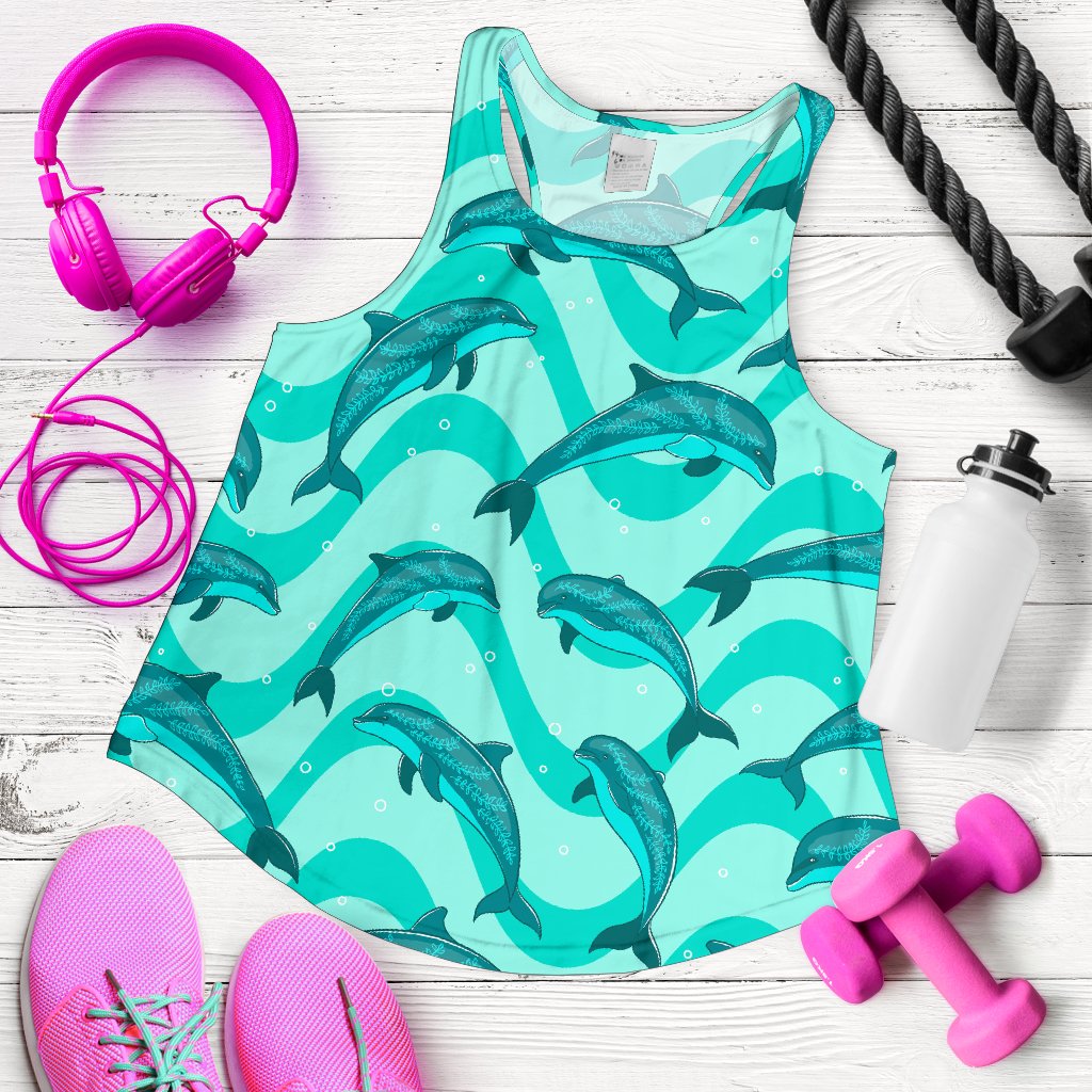 Dolphin Wave Print Women Racerback Tank Top