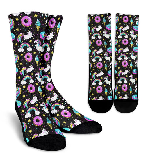 Donut Unicorn Pattern Print Design DN09 Crew Socks-JORJUNE.COM