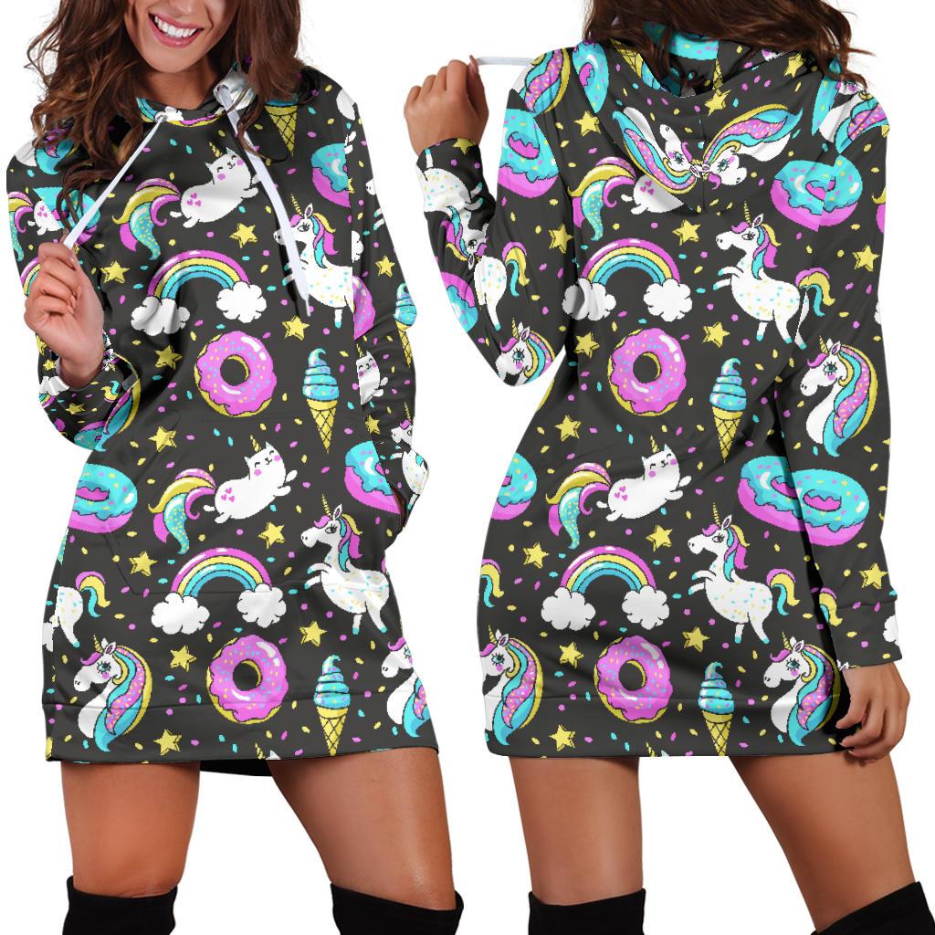 Donut Unicorn Pattern Print Design DN09 Women Hoodie Dress