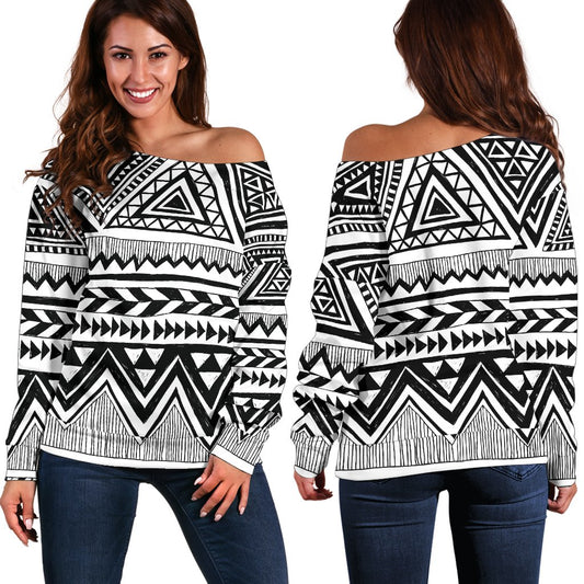 Draw Tribal Aztec Off Shoulder Sweatshirt