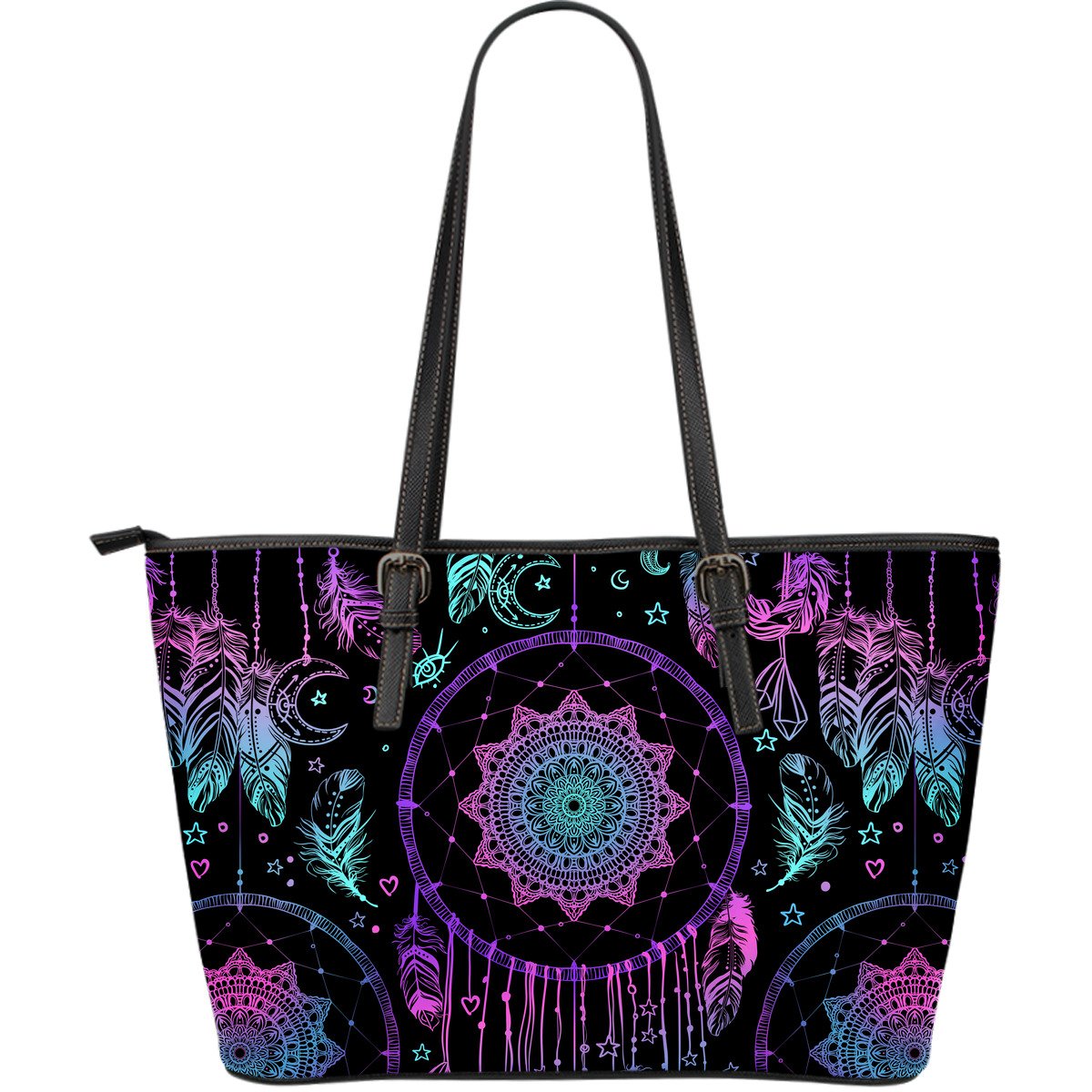 Dream catcher boho mandala Large Leather Tote Bag