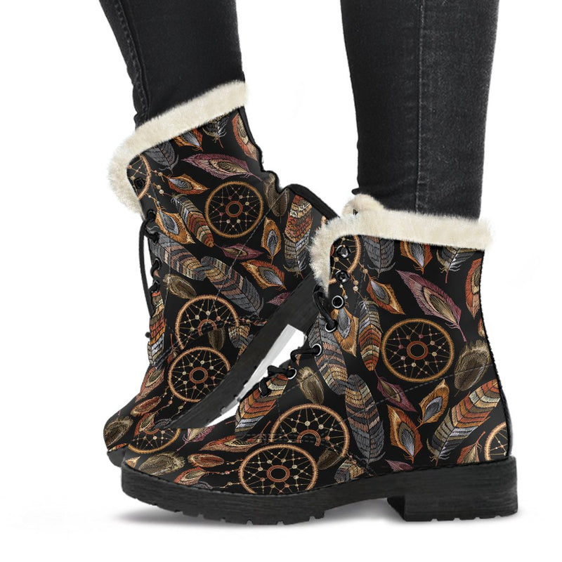 Dream Catcher Embroidered Style Faux Fur Leather Boots
