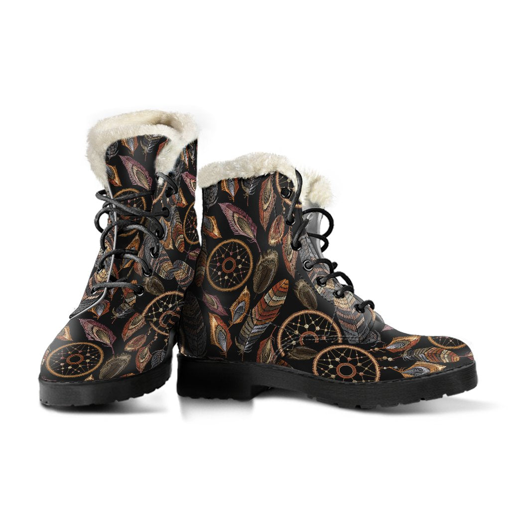 Dream Catcher Embroidered Style Faux Fur Leather Boots