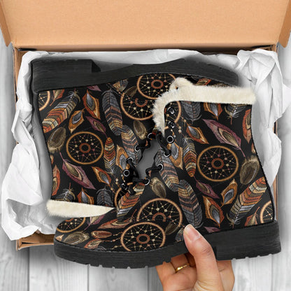 Dream Catcher Embroidered Style Faux Fur Leather Boots
