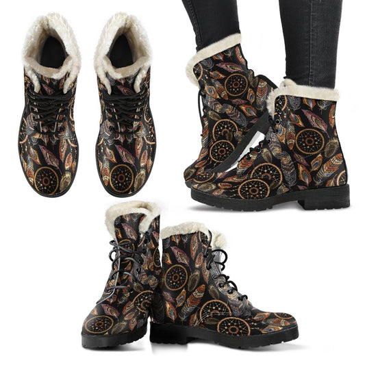 Dream Catcher Embroidered Style Faux Fur Leather Boots