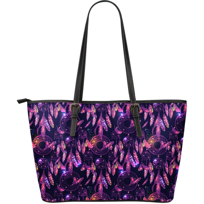 Dream catcher neon Large Leather Tote Bag