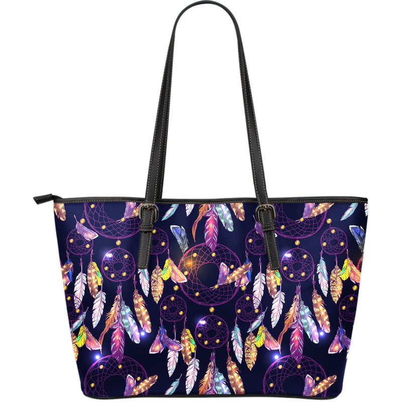 Dream catcher neon Large Leather Tote Bag