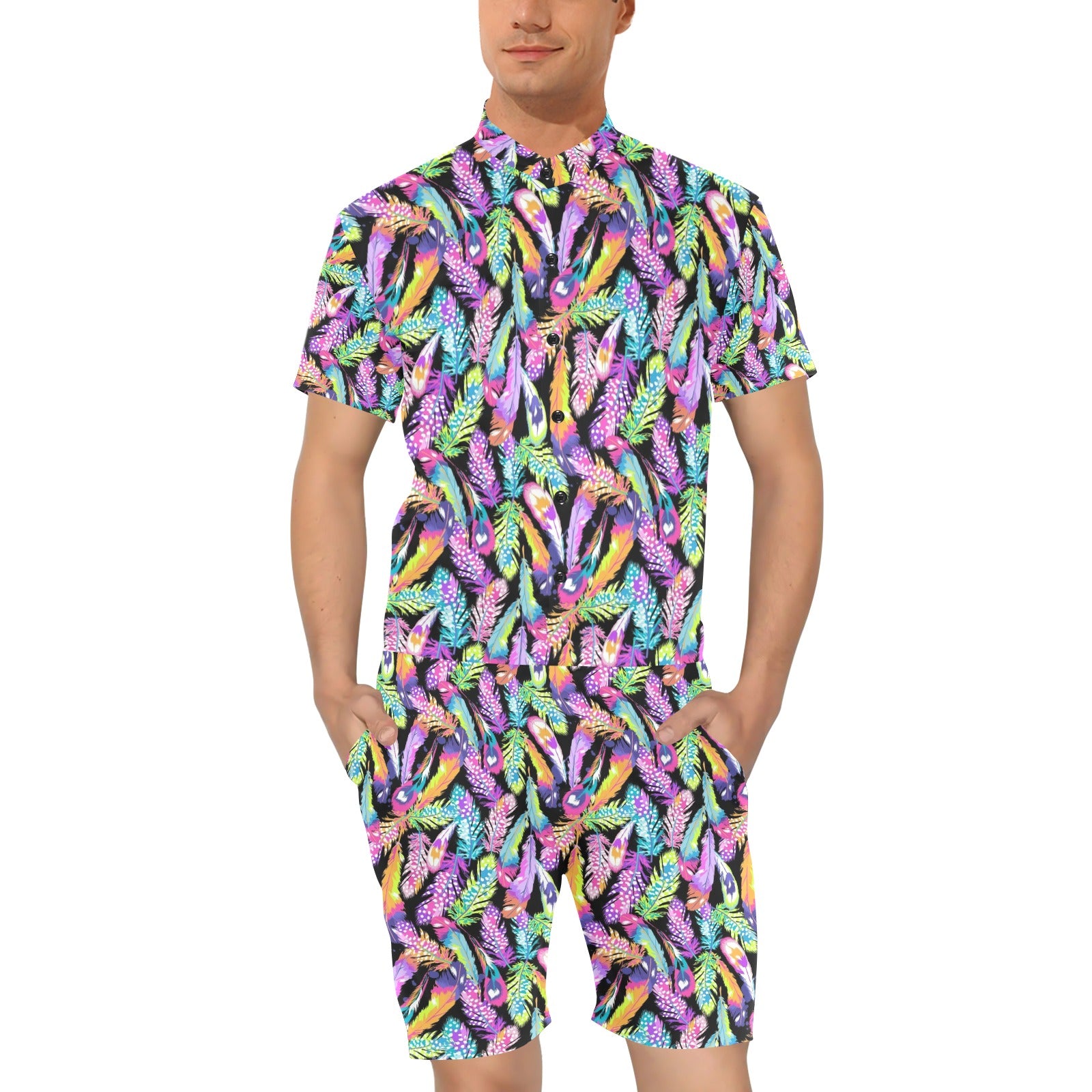 Neon Feather Pattern Print Design A02 Men's Romper