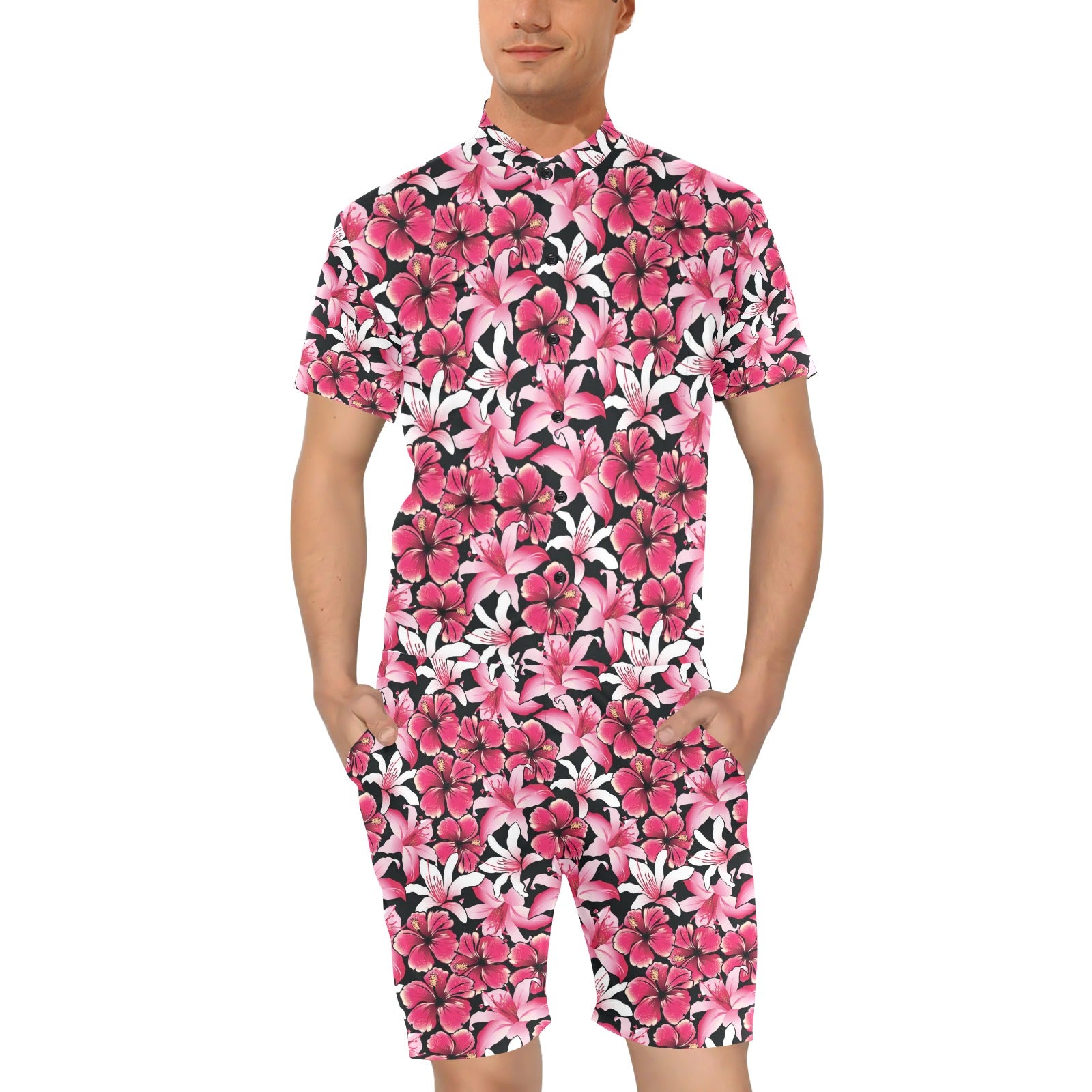 Flower Hawaiian Pink Red Hibiscus Print Men's Romper