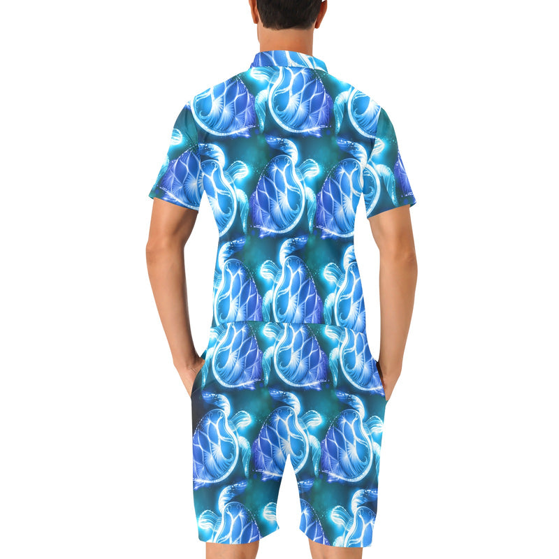 Blue Neon Sea Turtle Print Men's Romper