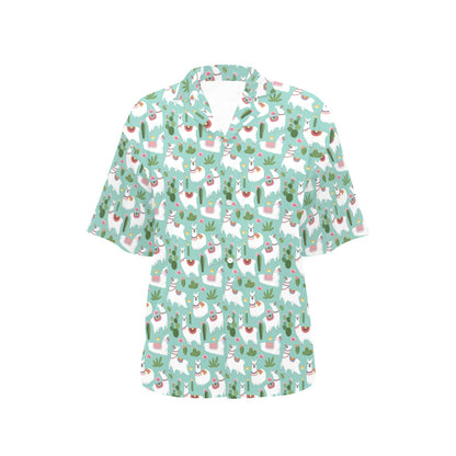Llama with Cactus Themed Print Women's Hawaiian Shirt