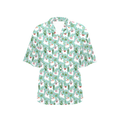 Llama with Cactus Themed Print Women's Hawaiian Shirt