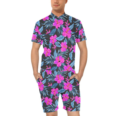 Neon Pink Hibiscus Pattern Print Design HB015 Men's Romper