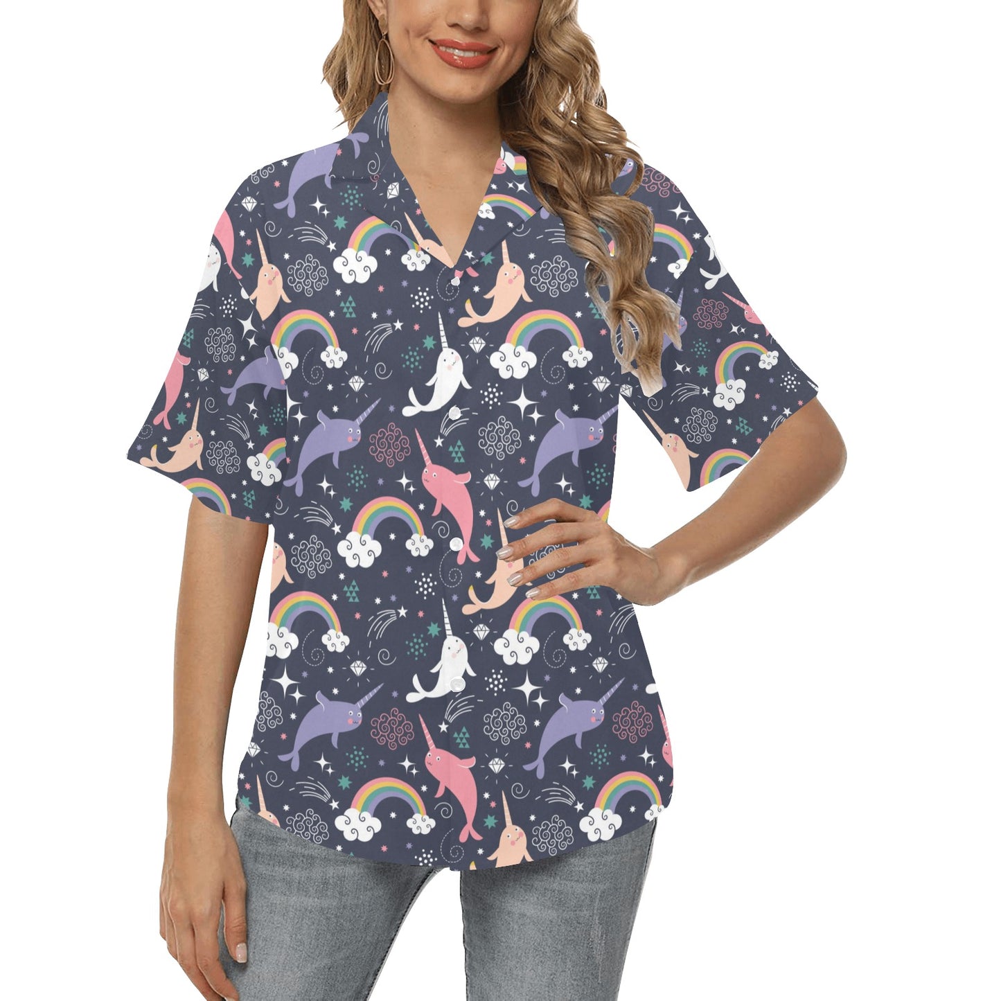 Narwhal Pattern Print Design 01 Women's Hawaiian Shirt