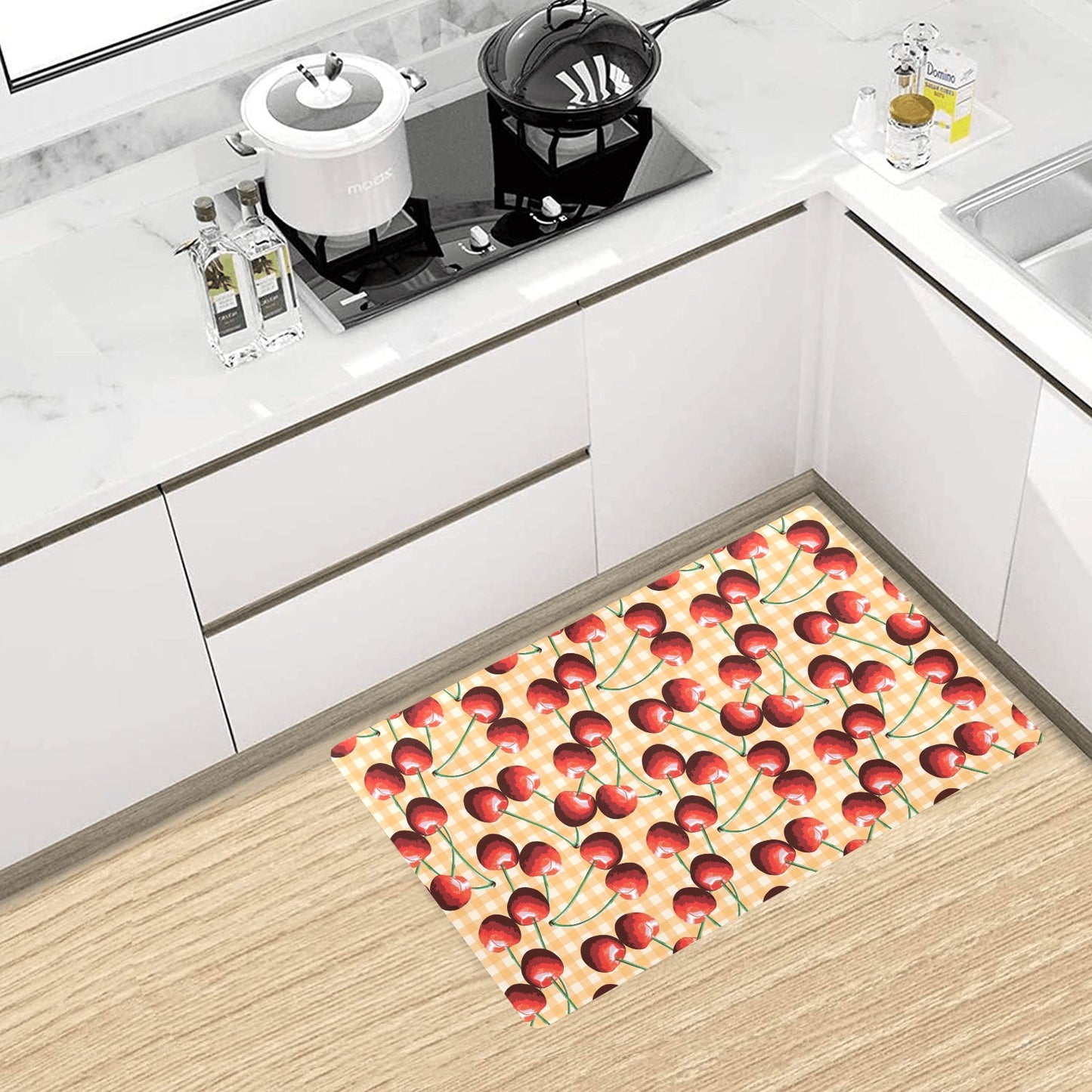 Cherry Orange Plaid Print Kitchen Mat