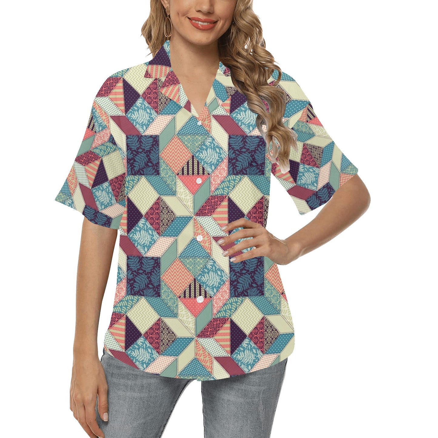 Patchwork Pattern Print Design 02 Women's Hawaiian Shirt