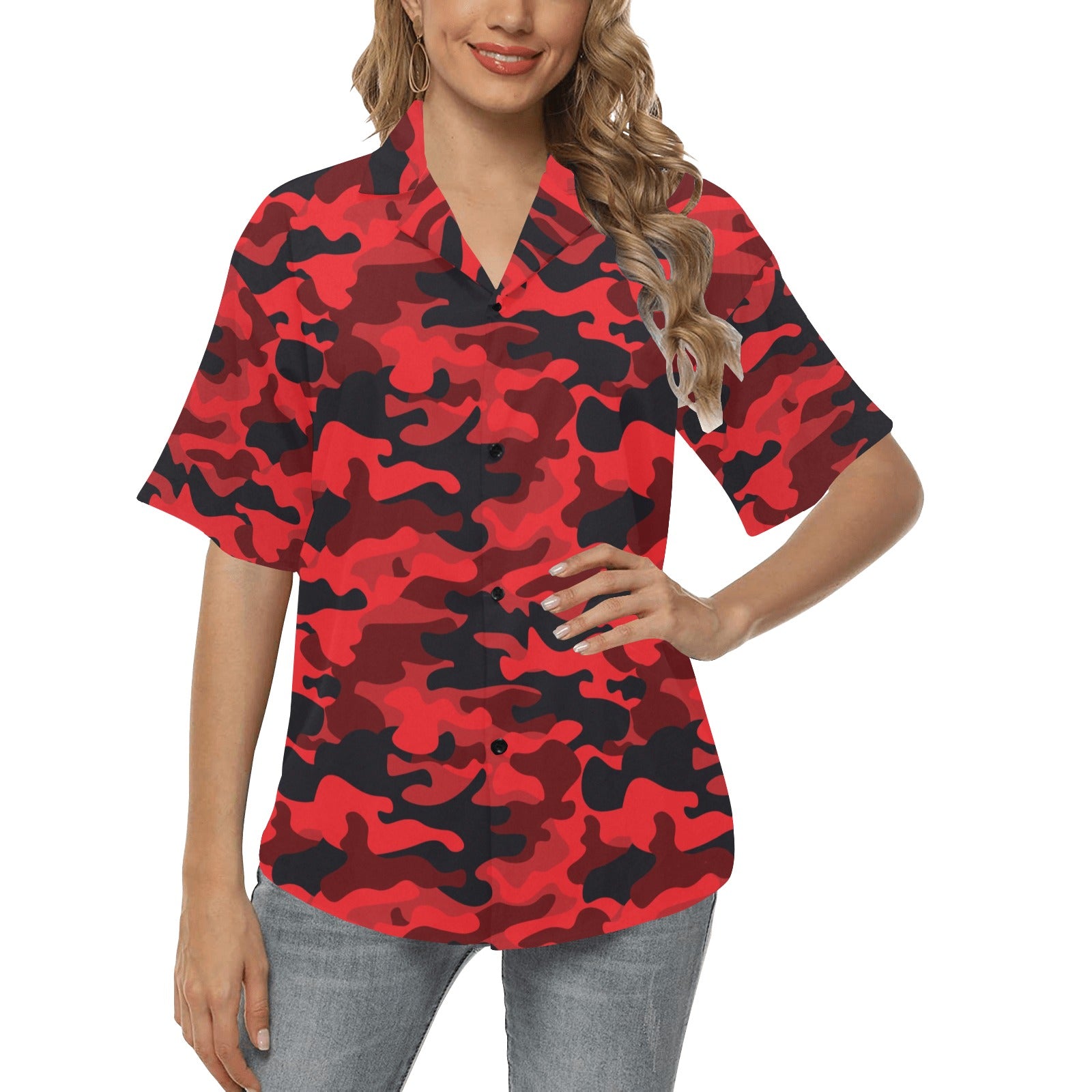 Camo Red Pattern Print Design 03 Women's Hawaiian Shirt