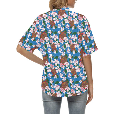 Sea Turtle Pink Hibiscus Hawaiian Print Women's Hawaiian Shirt