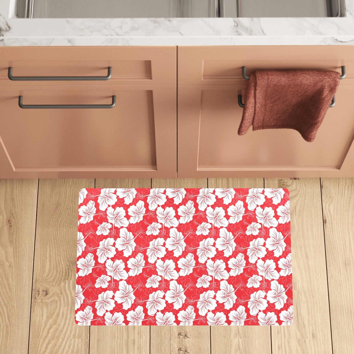 Flower Hawaiian Hibiscus Red Background Print Kitchen Mat