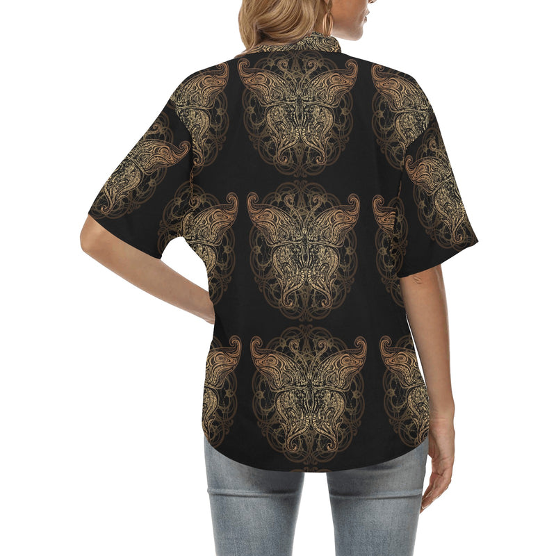 Gold Butterfly Ornamental Women's Hawaiian Shirt