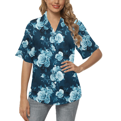 Rose Blue Pattern Print Design RO014 Women's Hawaiian Shirt