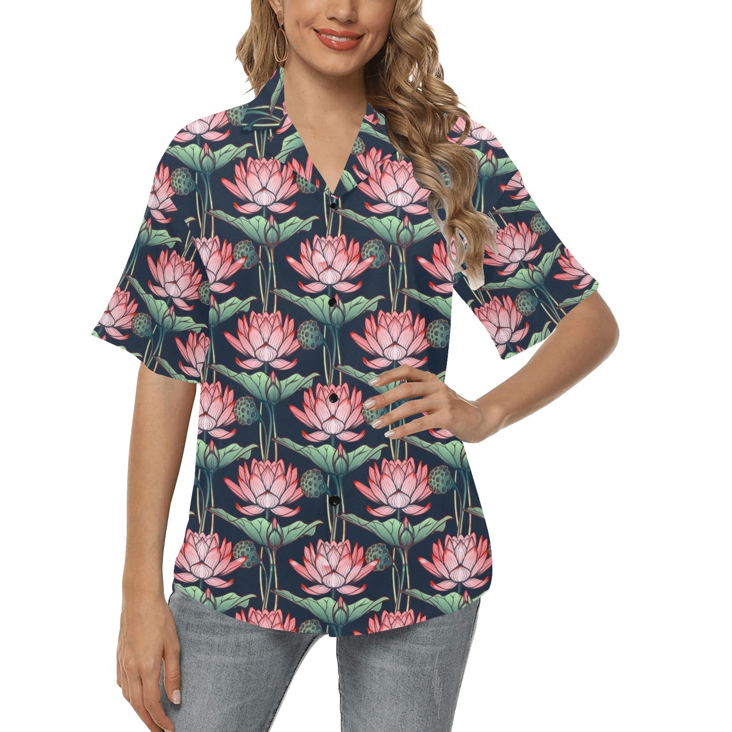 Water Lily Pattern Print Design WL03 Women's Hawaiian Shirt