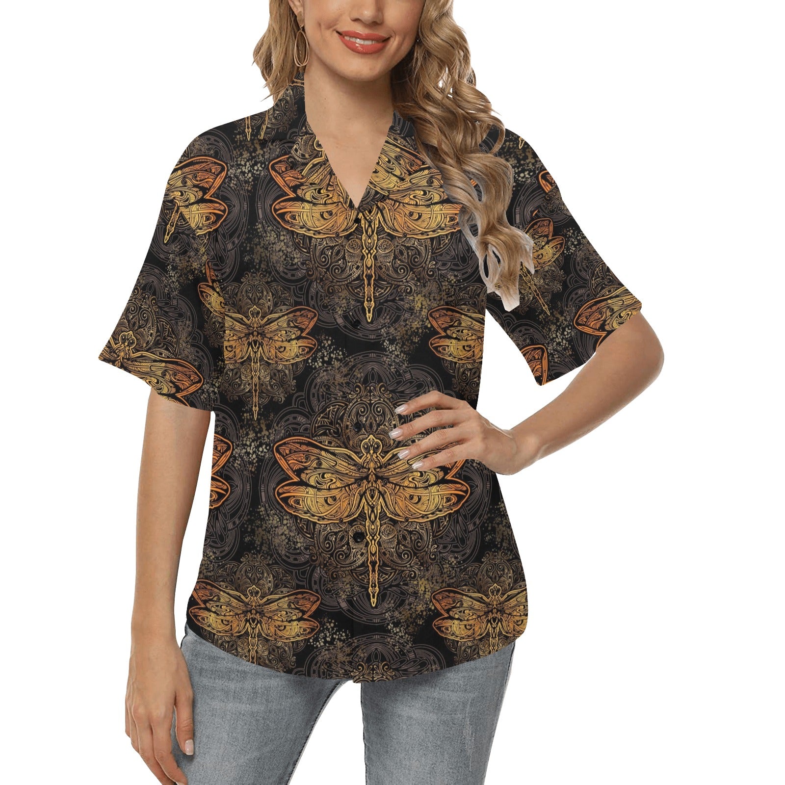 Gold Dragonfly Mandala Women's Hawaiian Shirt