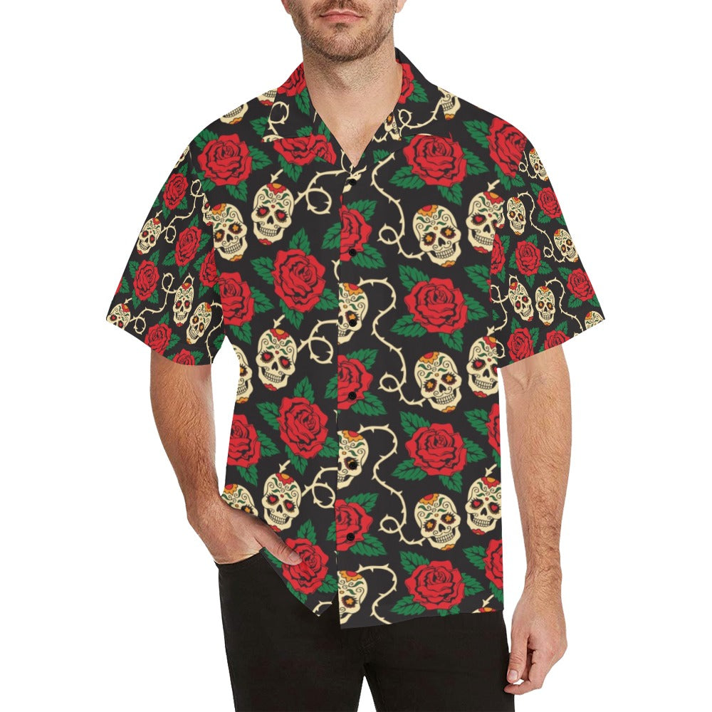 Sugar Skull Red Rose Print Design LKS301 Men's Hawaiian Shirt