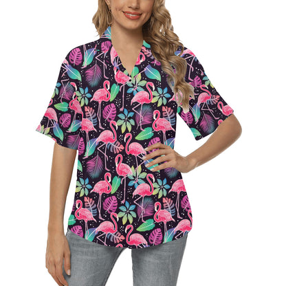 Flamingo Tropical leaves Neon Print Women's Hawaiian Shirt
