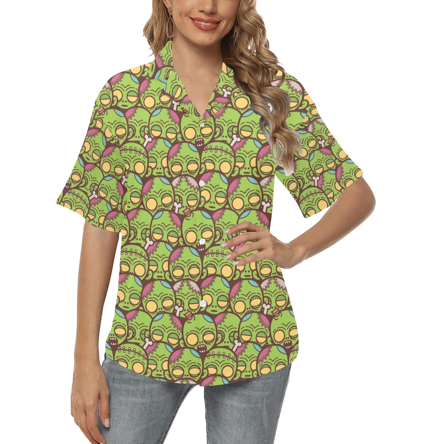 Zombie Head Design Pattern Print Women's Hawaiian Shirt