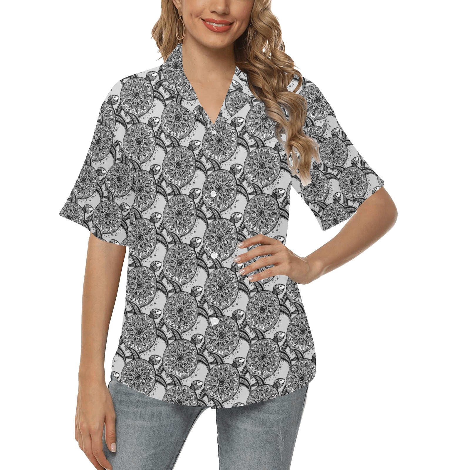 Tribal Turtle Polynesian Themed Print Women's Hawaiian Shirt